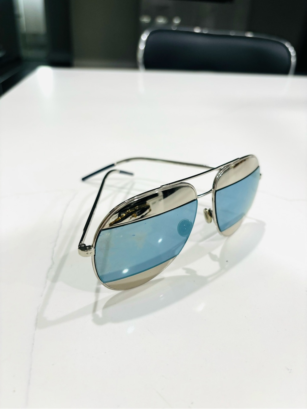 Dior Silver Aviator Sunglasses with Blue Lenses